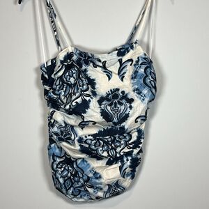 Zara Ruched Blue Paisley Spaghetti Strap Tank Top Cotton Size small summer boho‎